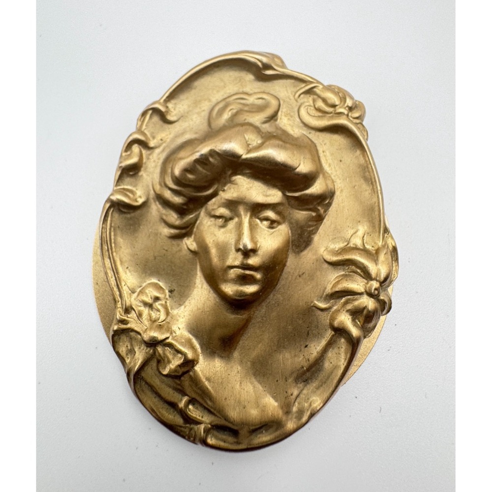 Vintage Lady Scarf Clip Gold Tone Gibson Girl Portrait Pin Lieba USA Art Nouveau
